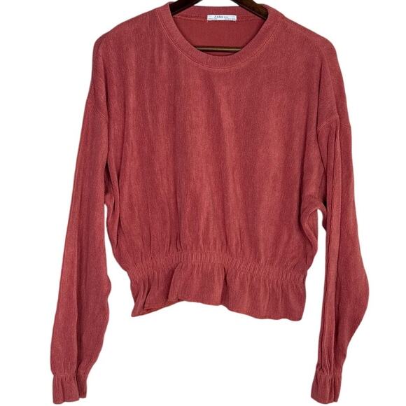 Zara Ruffle Gathered Top Elastic Waist Long Sleeve Stretch Sweater M Coral Pink - Picture 13 of 15